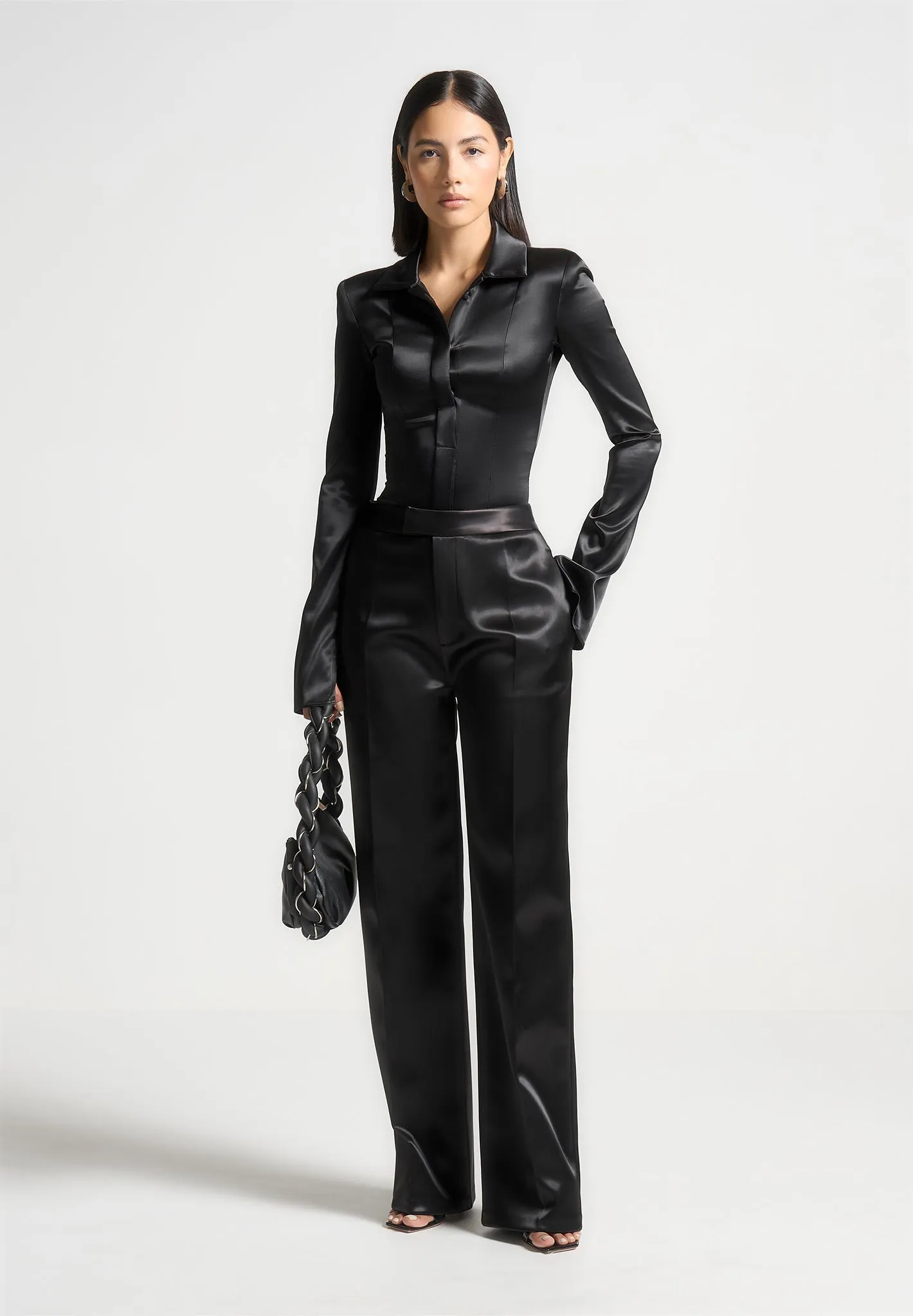 Louise - Wide Shoulder Satin Shirt Bodysuit - Black sold by Maniere De Voir