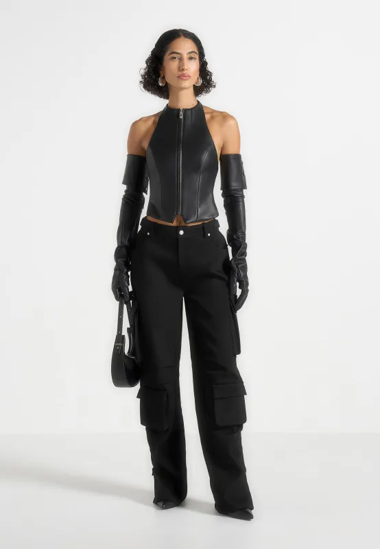 Claudette - Leather Halterneck Backless Top - Black made by Maniere De Voir