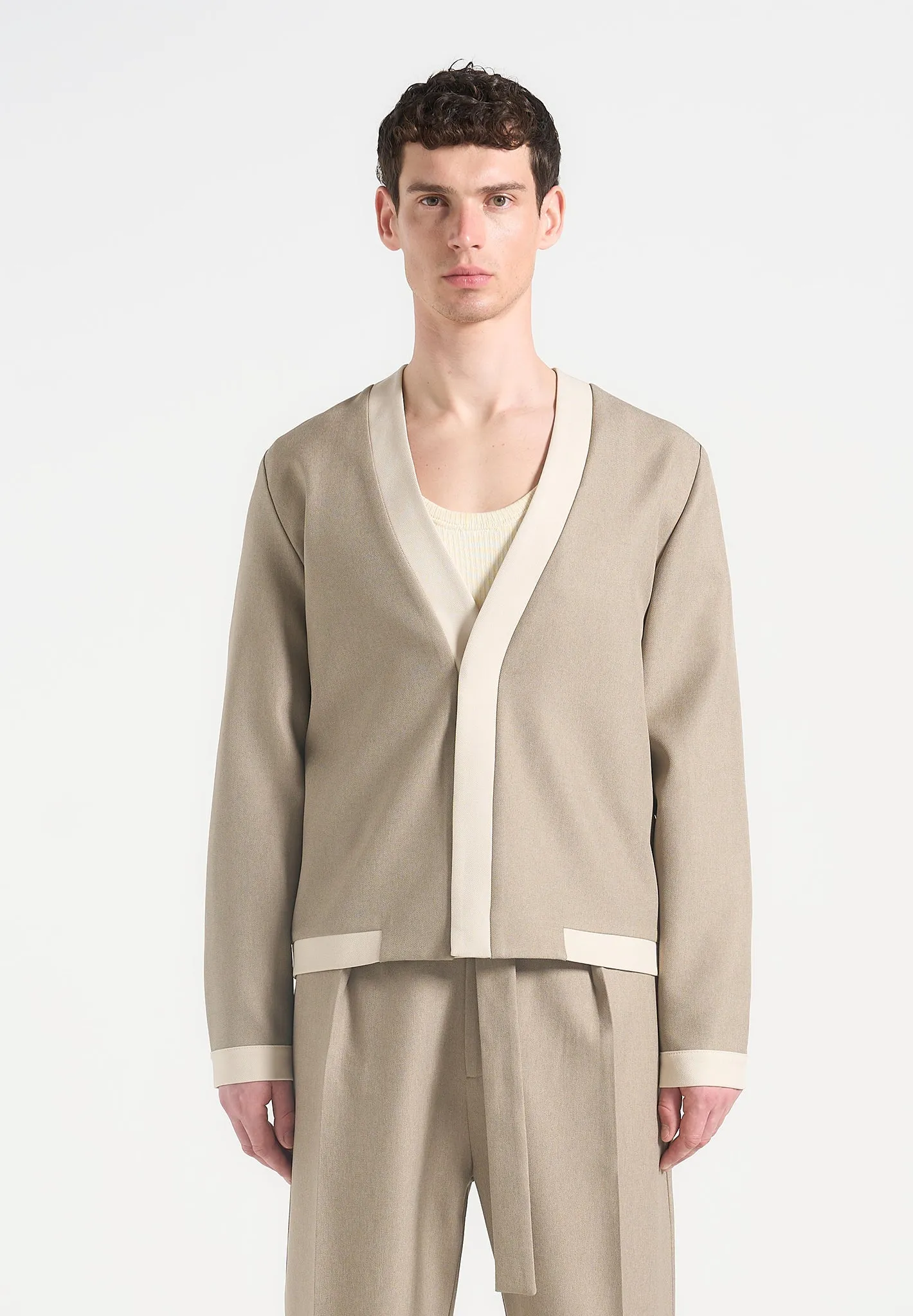 Clovis - Tailored Cardigan with Contrast Placket - Beige sold by Maniere De Voir product image thumbnail 4