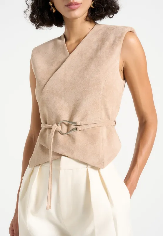 Jeanne - Suede Wrap Waistcoat with Belt - Beige made by Maniere De Voir