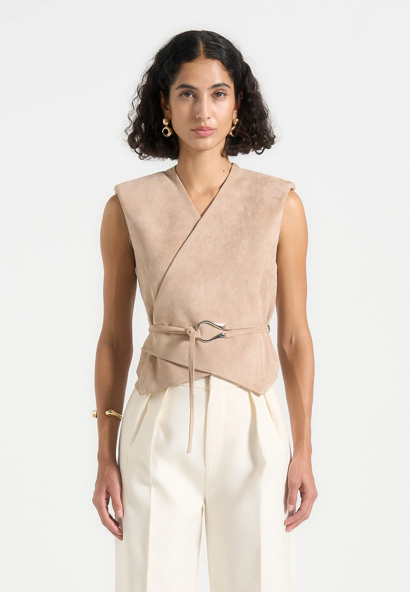 Jeanne - Suede Wrap Waistcoat with Belt - Beige sold by Maniere De Voir product image thumbnail 5