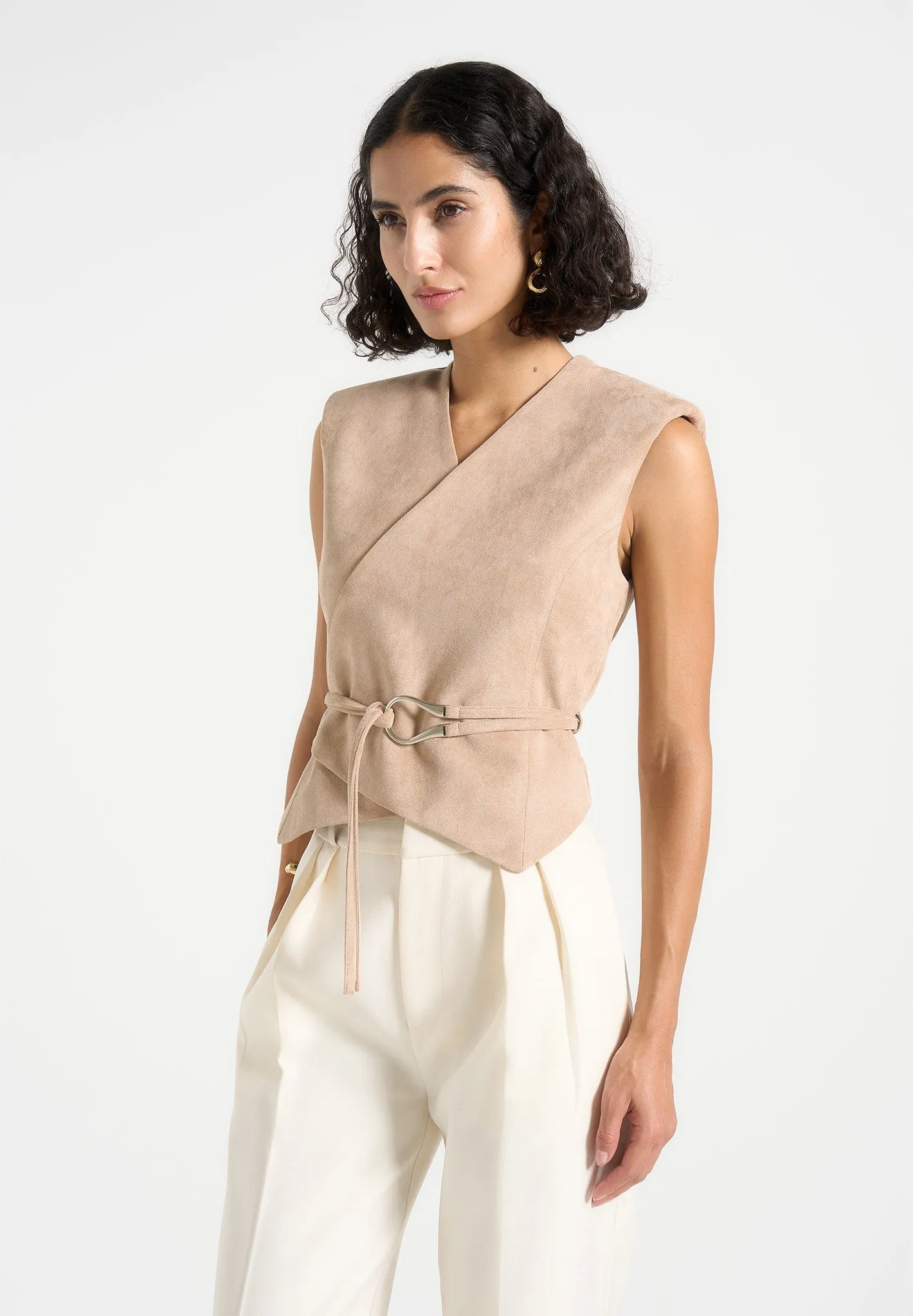 Jeanne - Suede Wrap Waistcoat with Belt - Beige sold by Maniere De Voir product image thumbnail 3