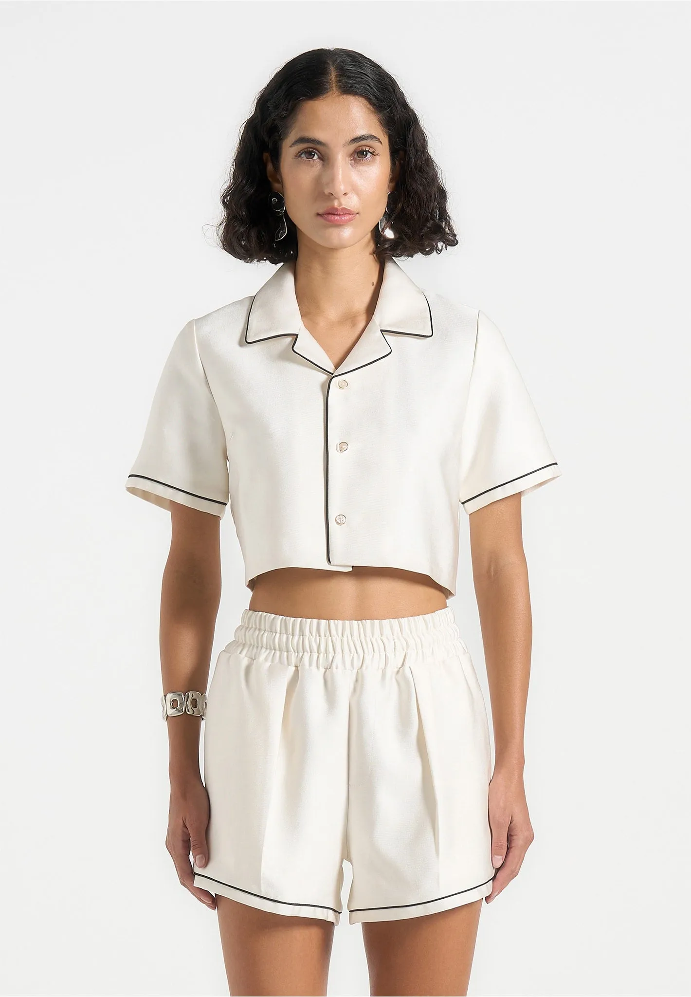 Maude - Satin Cropped Shirt with Piping - Off White sold by Maniere De Voir product image thumbnail 5