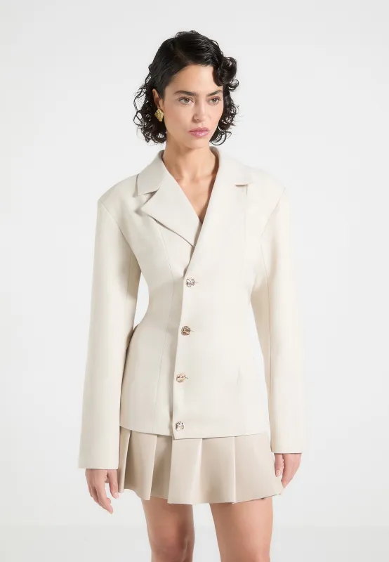 Nicole - Tailored Cinch Blazer Dress with Pleats - Cream/Beige made by Maniere De Voir