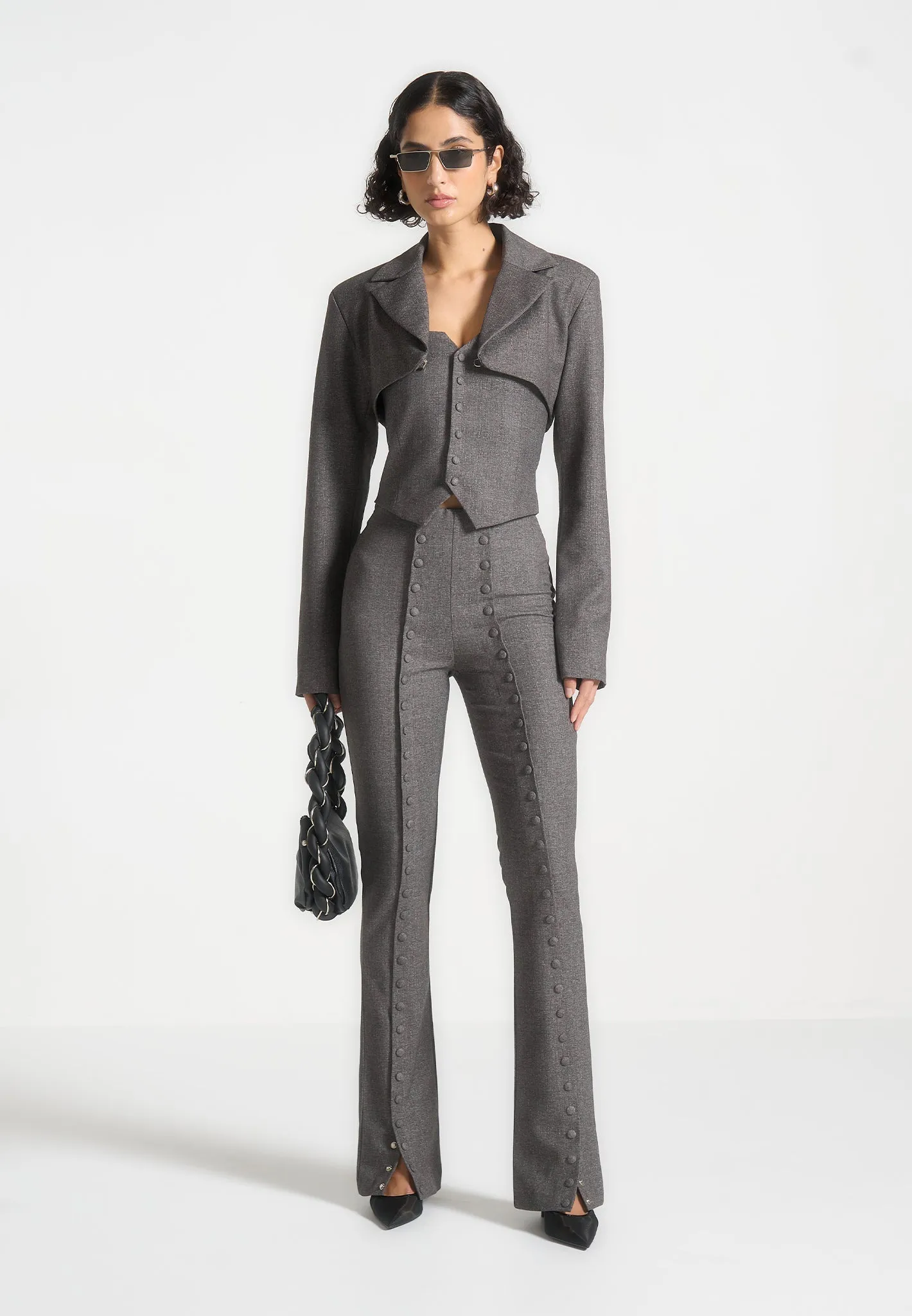 Lise - Cropped Tailored Blazer & Button Detail Bandeau - Dark Grey sold by Maniere De Voir product image thumbnail 3