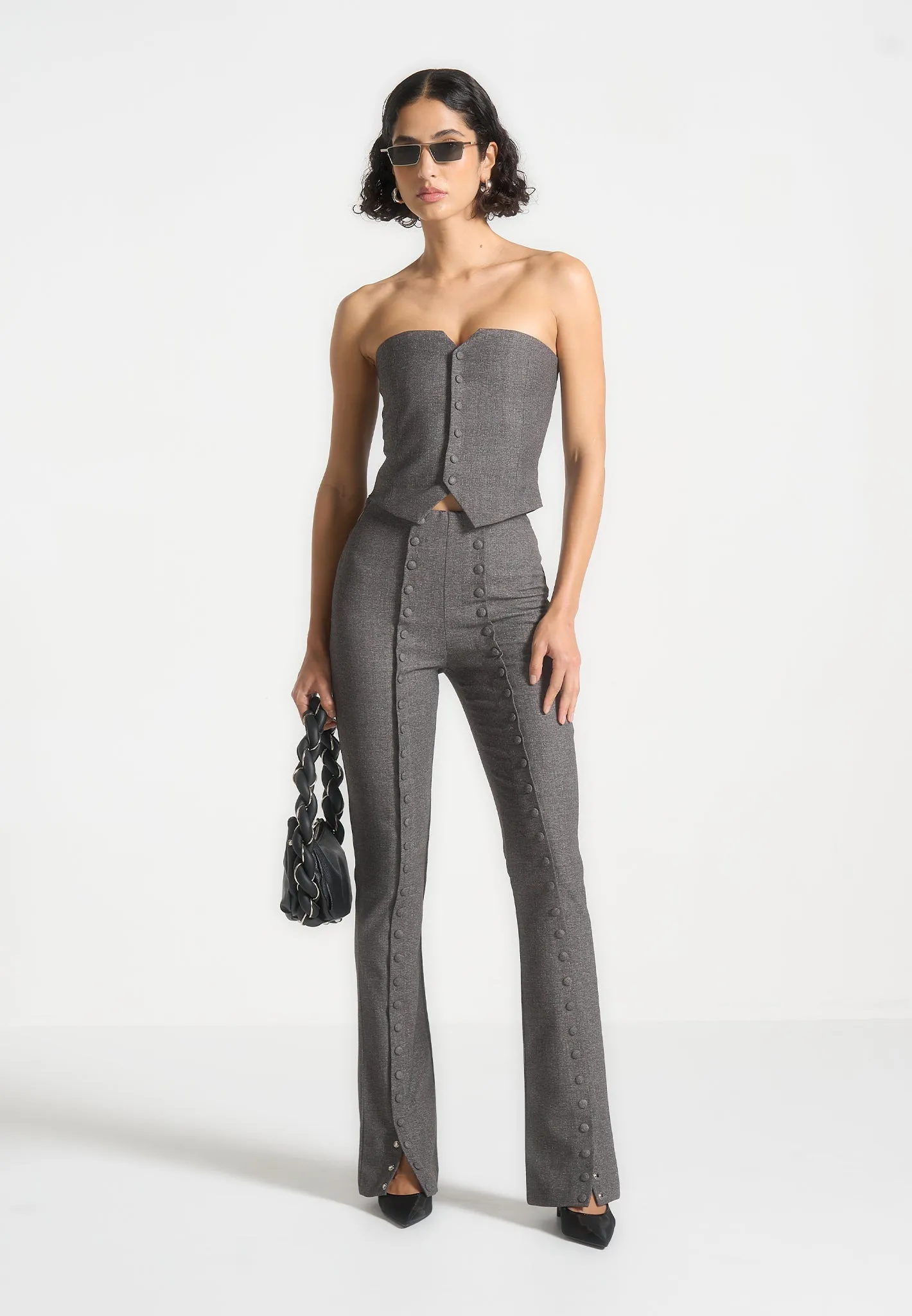 Lise - Cropped Tailored Blazer & Button Detail Bandeau - Dark Grey sold by Maniere De Voir product image thumbnail 4