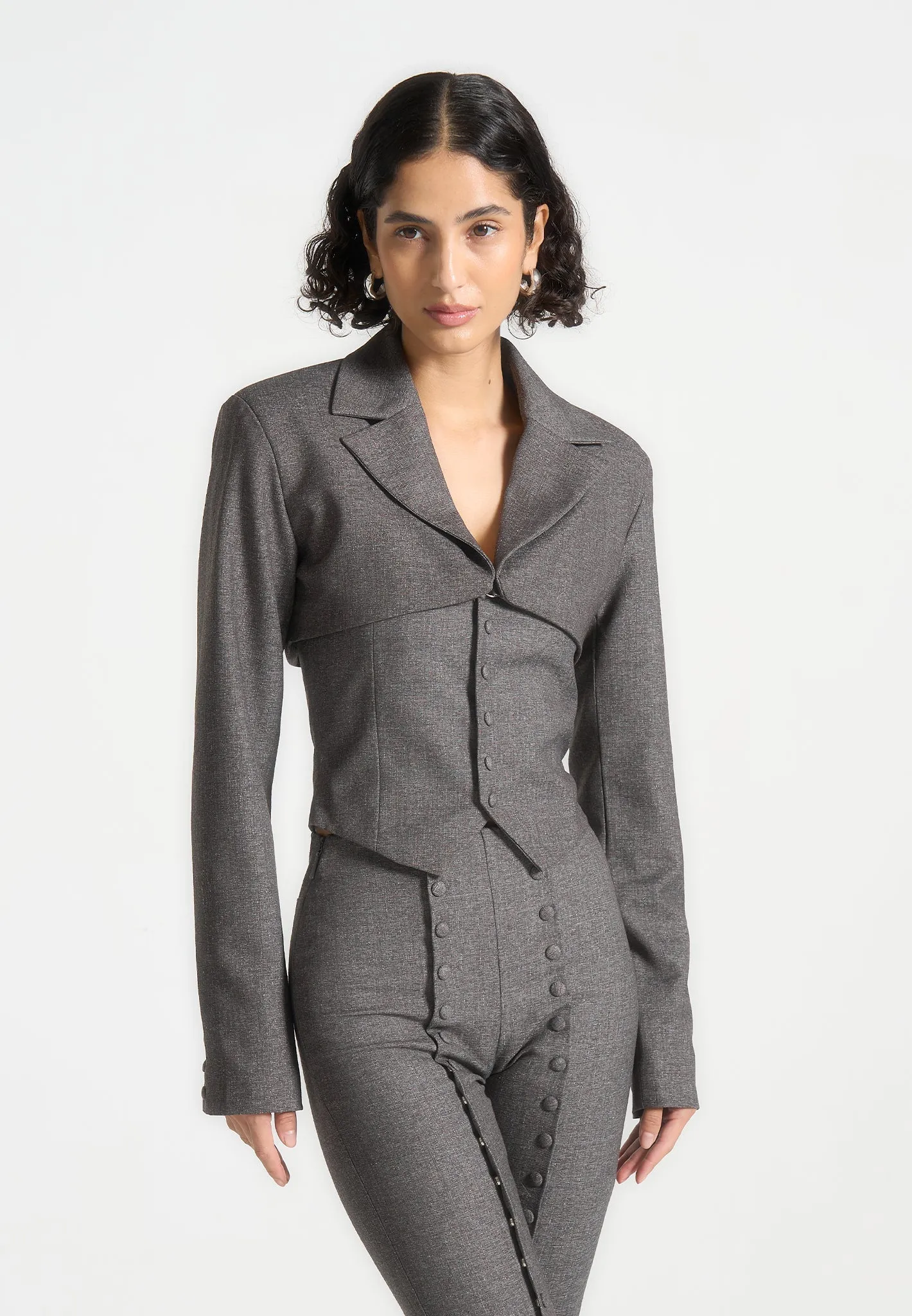 Lise - Cropped Tailored Blazer & Button Detail Bandeau - Dark Grey sold by Maniere De Voir