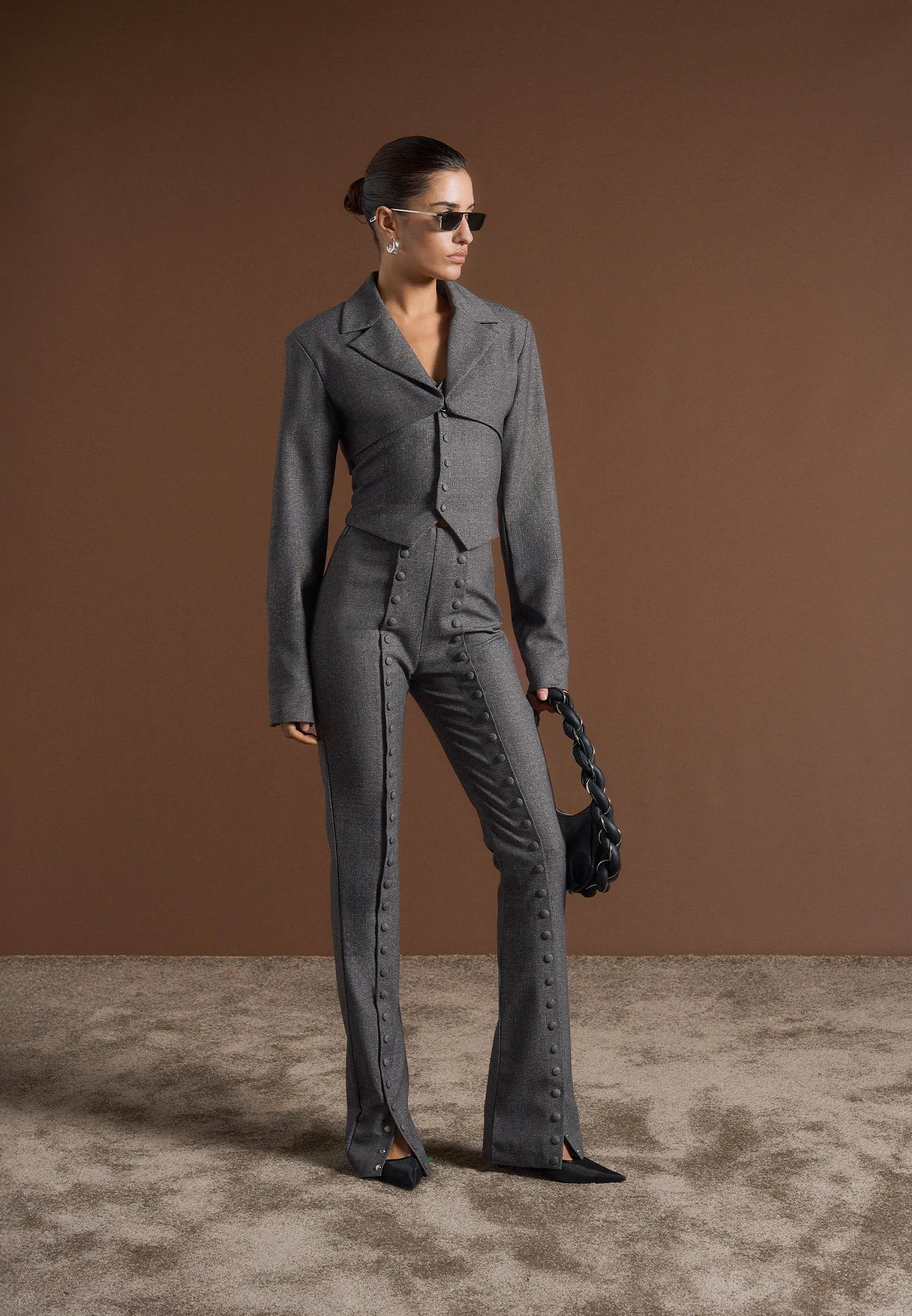 Lise - Cropped Tailored Blazer & Button Detail Bandeau - Dark Grey sold by Maniere De Voir product image thumbnail 5