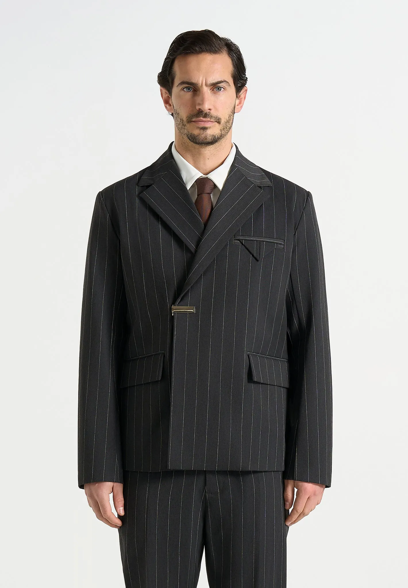 Gaston - Double Breasted Pinstripe Suit Jacket - Grey sold by Maniere De Voir