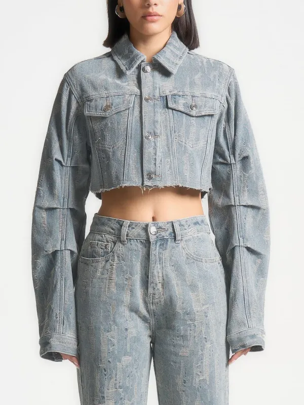 Alice - Cropped Distressed Denim Jacket - Mid Blue made by Maniere De Voir
