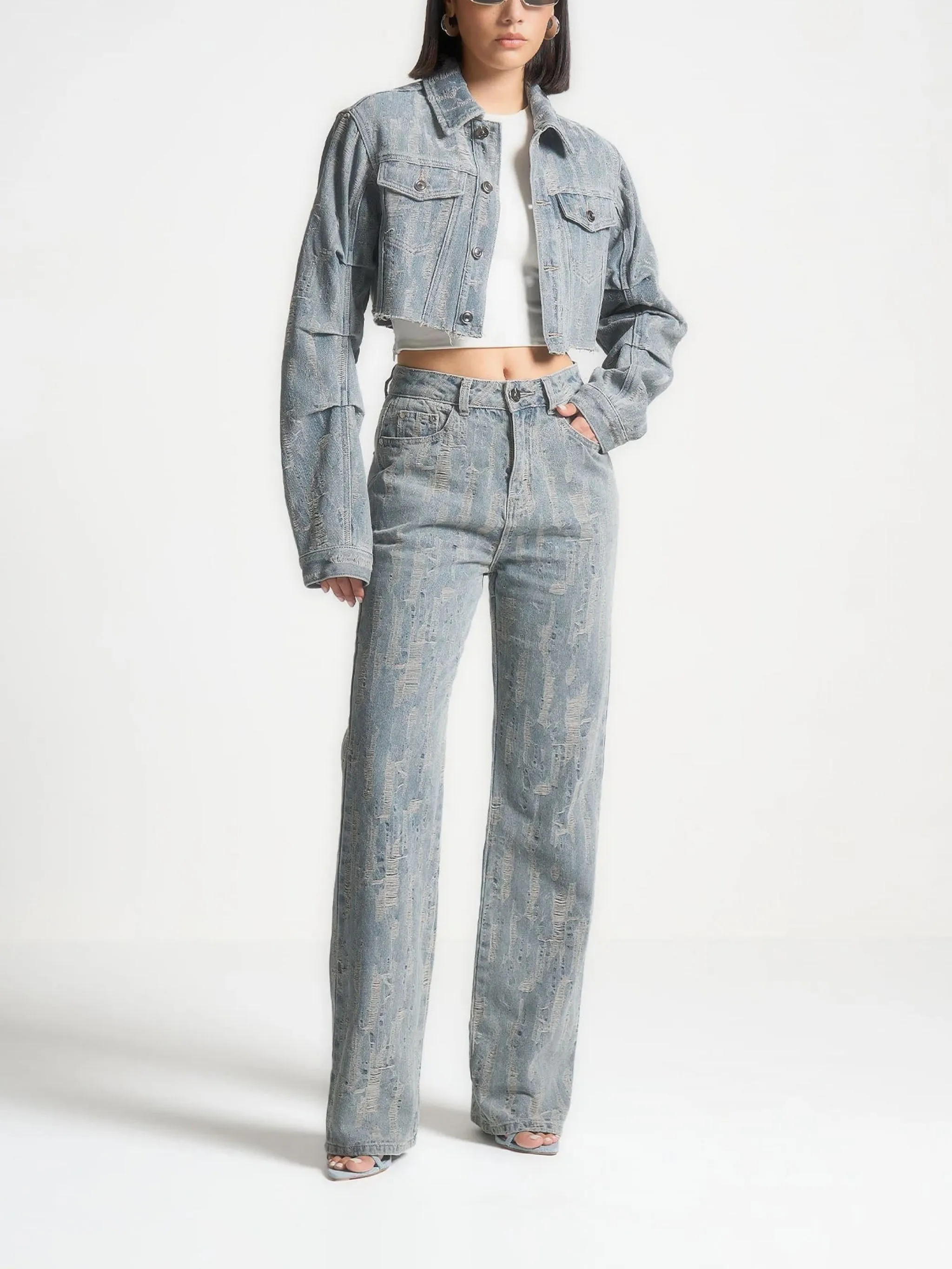 Posie - Distressed High Rise Straight Leg Jeans - Mid Blue sold by Maniere De Voir product image thumbnail 2
