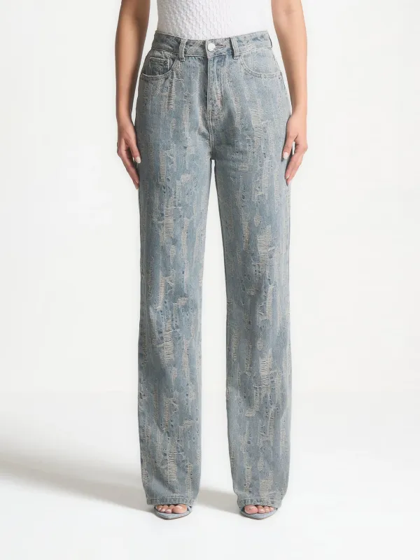 Posie - Distressed High Rise Straight Leg Jeans - Mid Blue made by Maniere De Voir