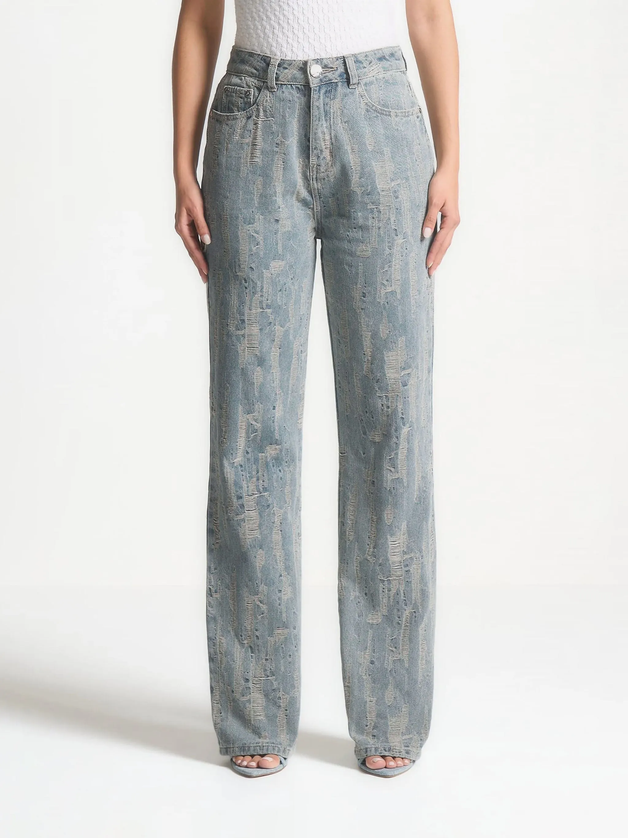 Posie - Distressed High Rise Straight Leg Jeans - Mid Blue sold by Maniere De Voir