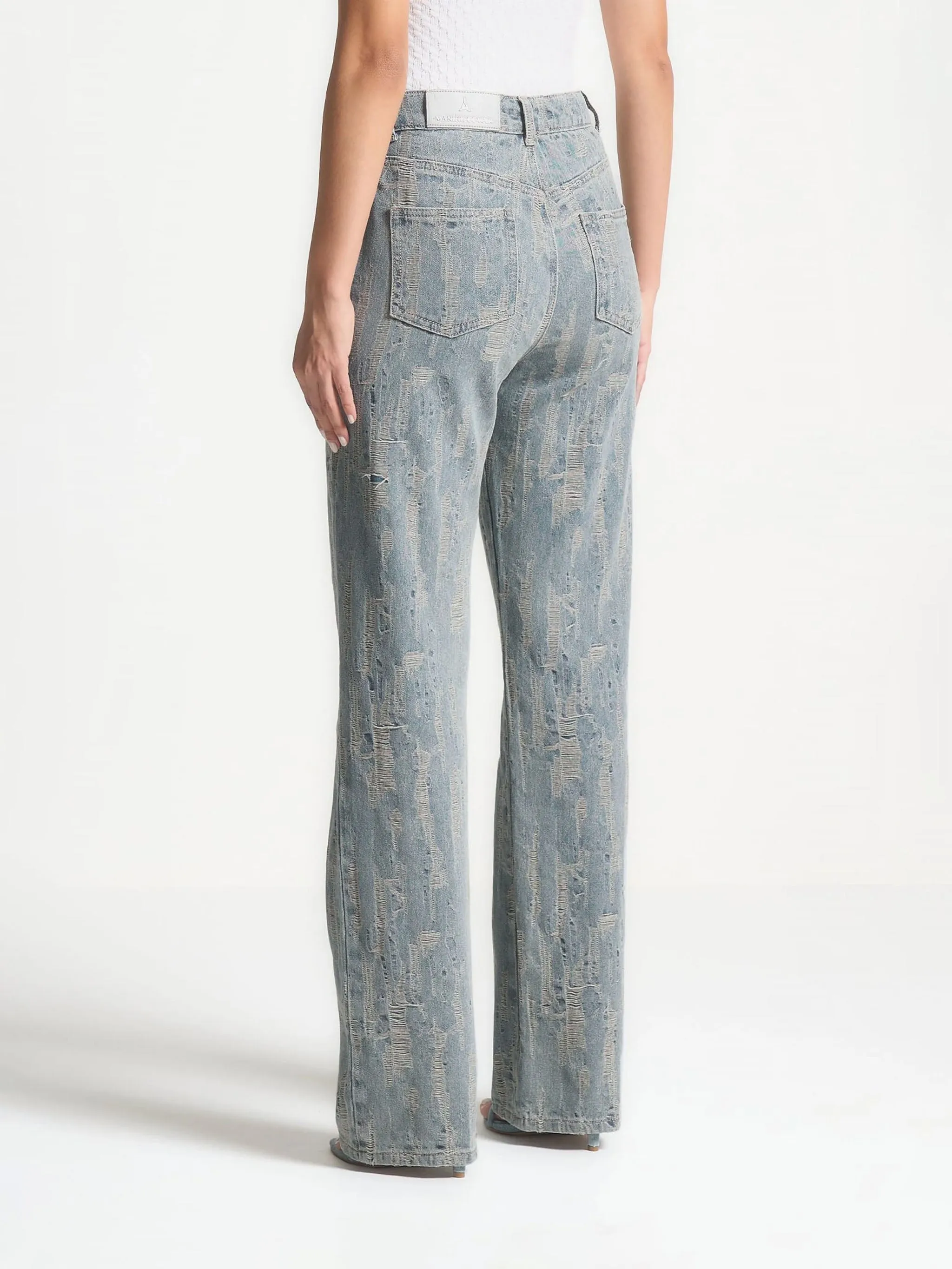 Posie - Distressed High Rise Straight Leg Jeans - Mid Blue sold by Maniere De Voir product image thumbnail 4