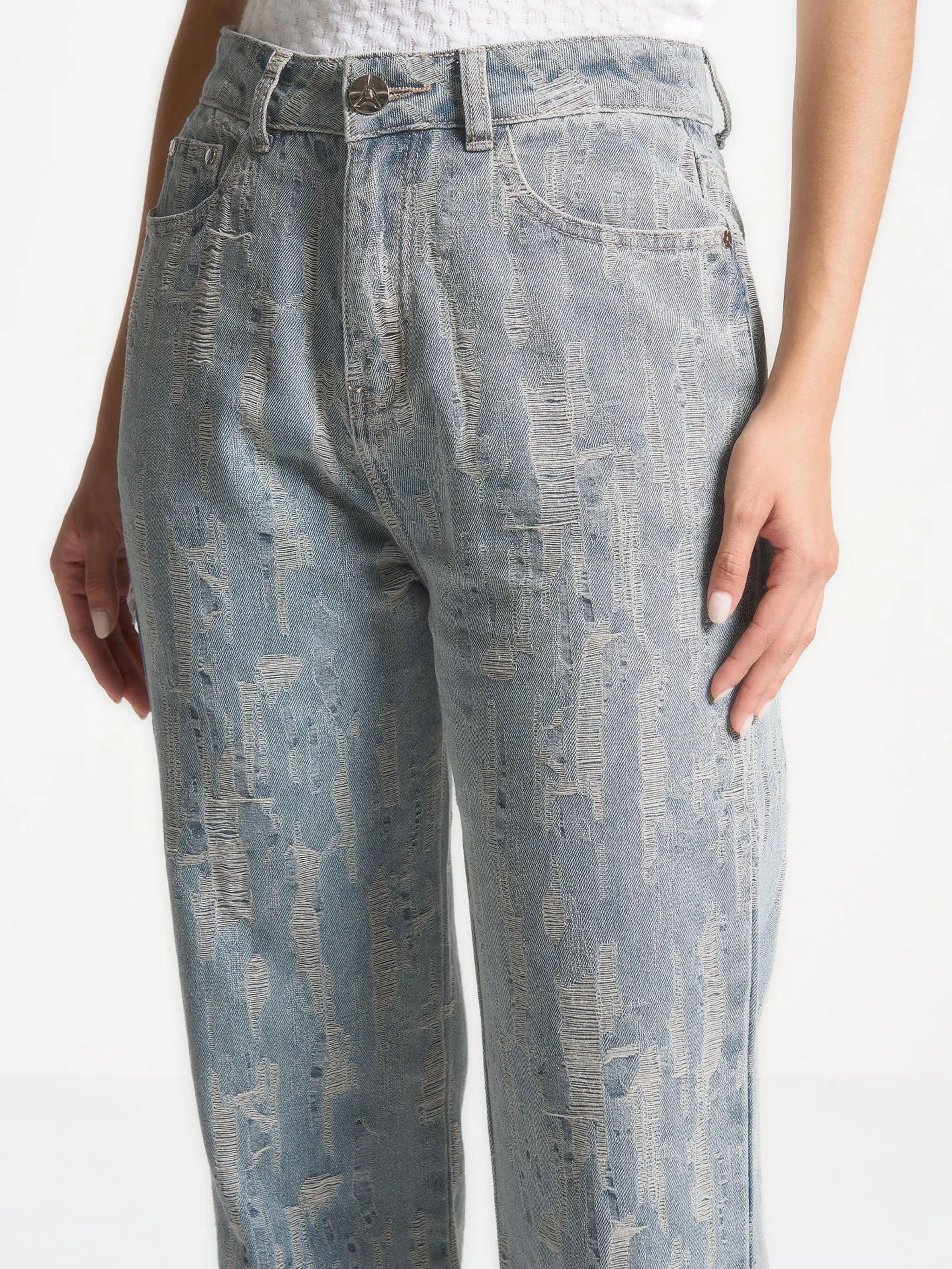 Posie - Distressed High Rise Straight Leg Jeans - Mid Blue sold by Maniere De Voir product image thumbnail 5