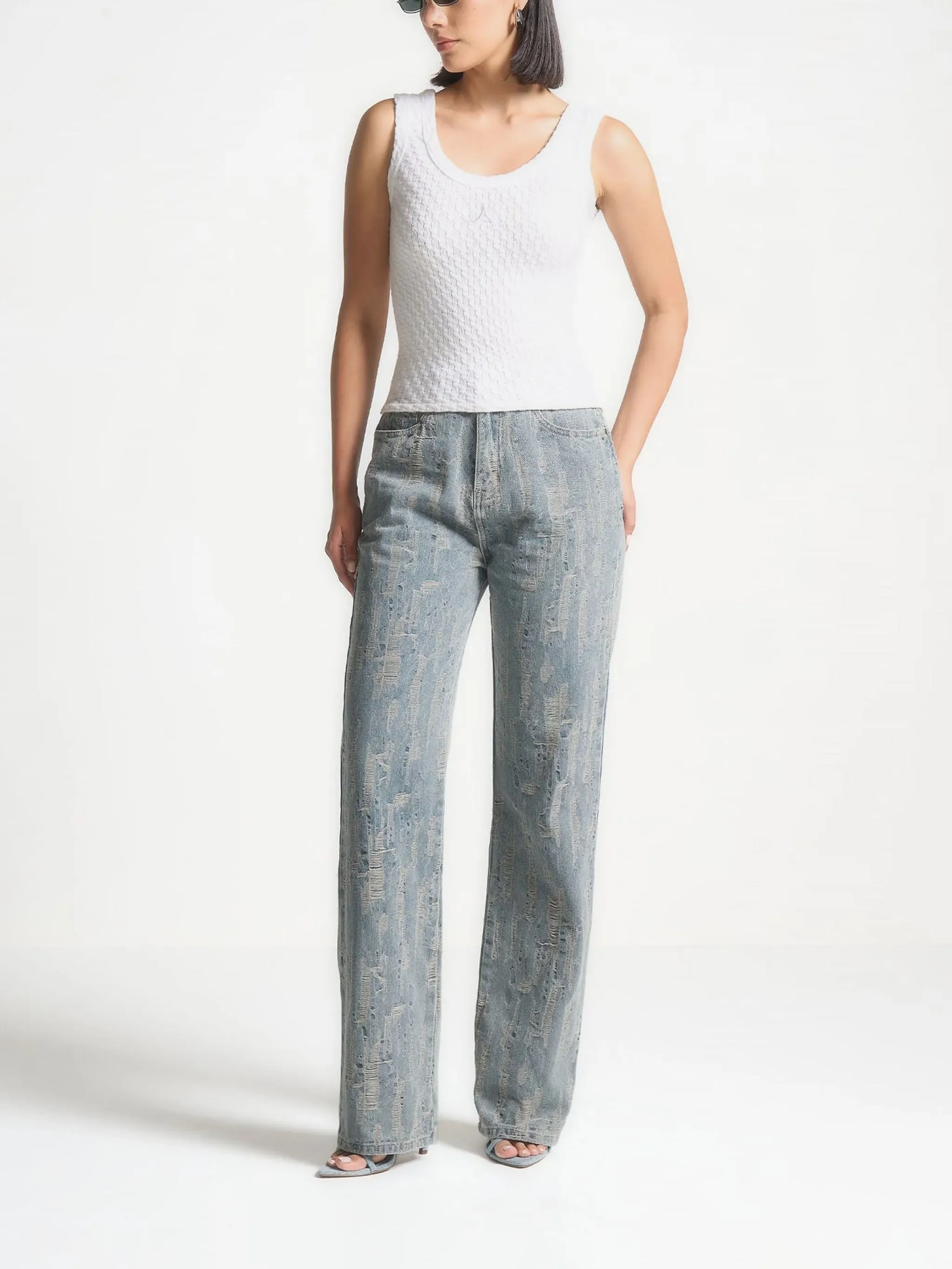 Posie - Distressed High Rise Straight Leg Jeans - Mid Blue sold by Maniere De Voir product image thumbnail 3
