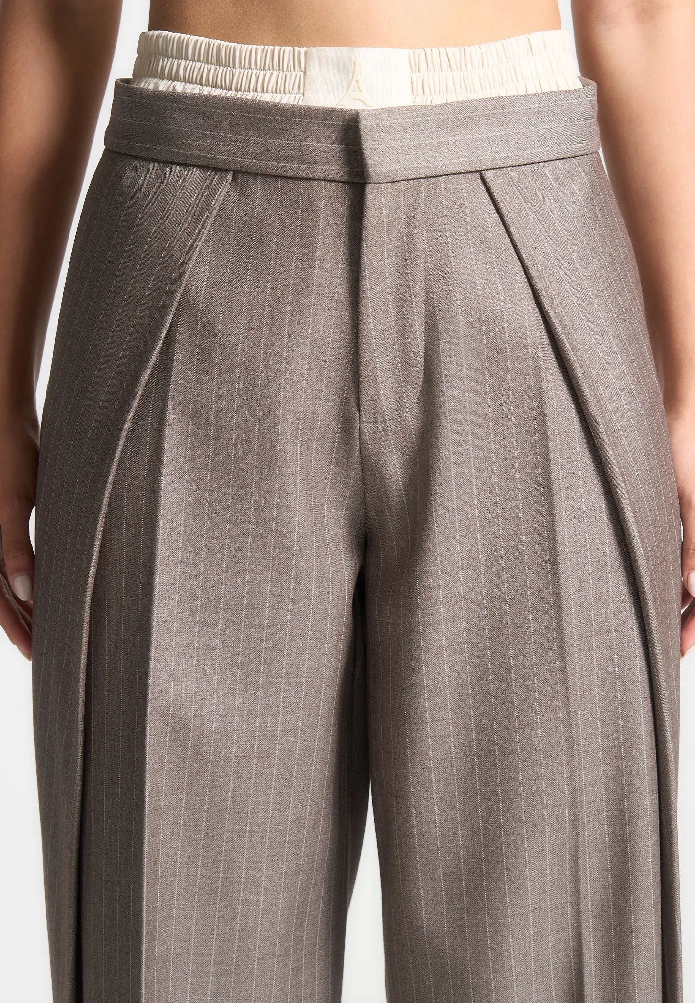 Sofia - Satin Waistband Pinstripe Trousers - Taupe sold by Maniere De Voir product image thumbnail 5