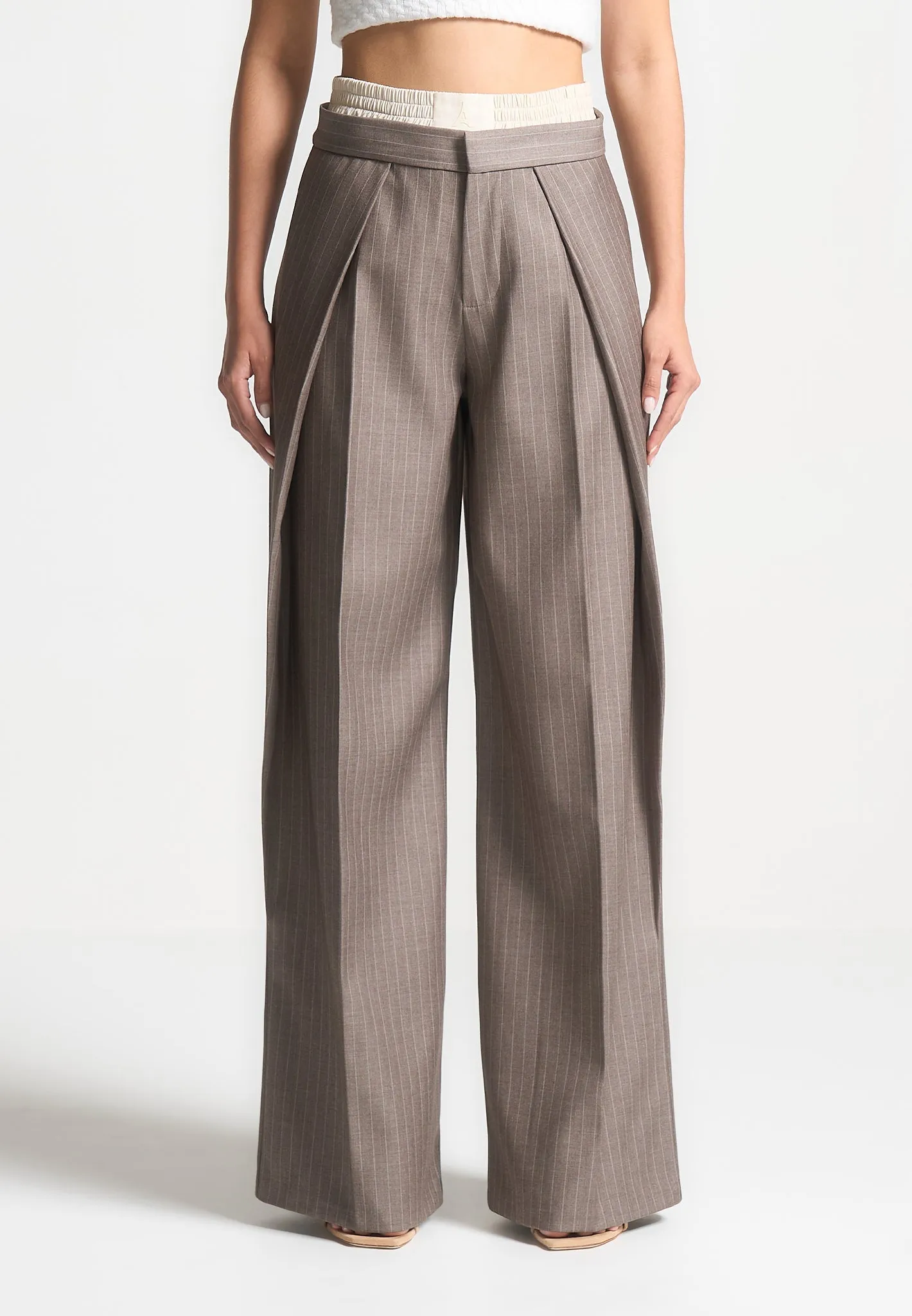 Sofia - Satin Waistband Pinstripe Trousers - Taupe sold by Maniere De Voir product image thumbnail 3