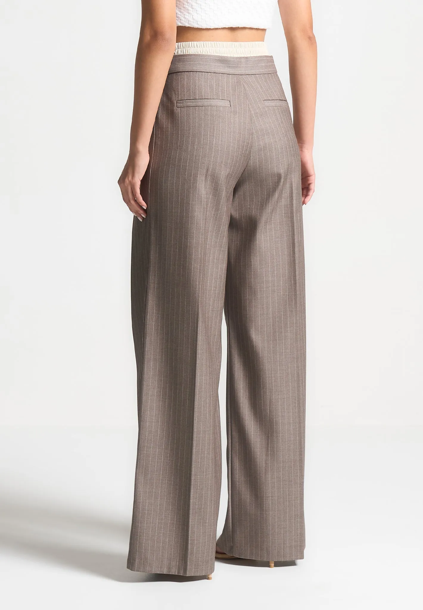Sofia - Satin Waistband Pinstripe Trousers - Taupe sold by Maniere De Voir product image thumbnail 4