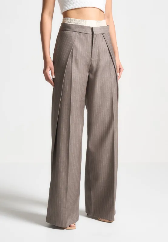 Sofia - Satin Waistband Pinstripe Trousers - Taupe made by Maniere De Voir