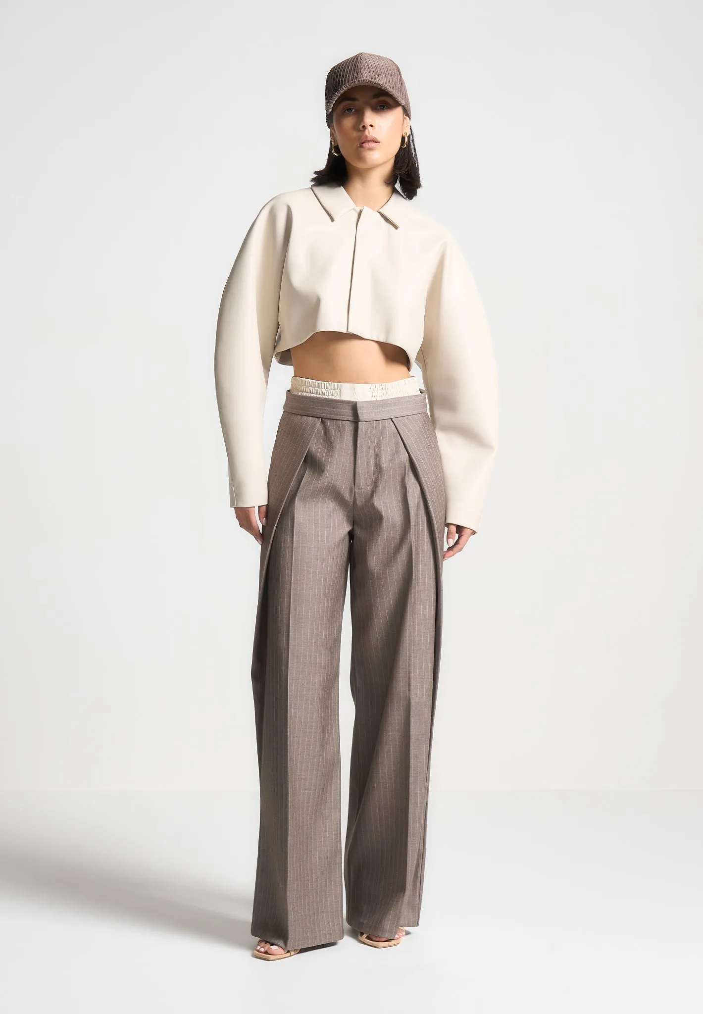 Sofia - Satin Waistband Pinstripe Trousers - Taupe sold by Maniere De Voir product image thumbnail 2