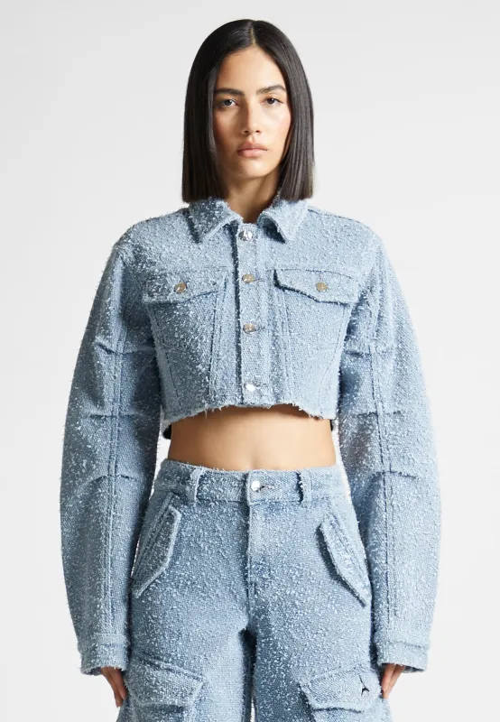 Catherine - Denim Cropped Boucle Jacket - Mid Blue made by Maniere De Voir
