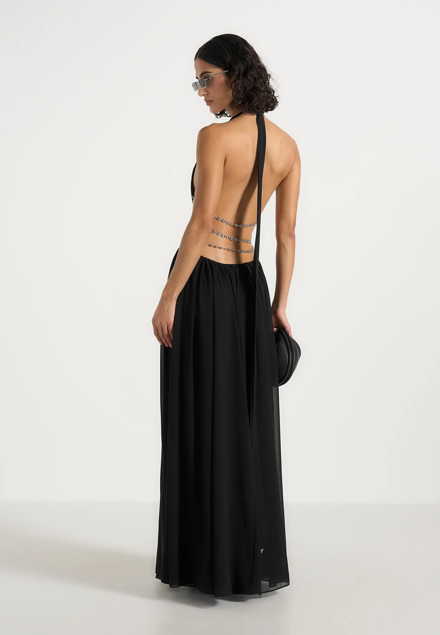 June - Chain Belt Cut-Out Georgette Halter Maxi Dress - Black sold by Maniere De Voir product image thumbnail 4