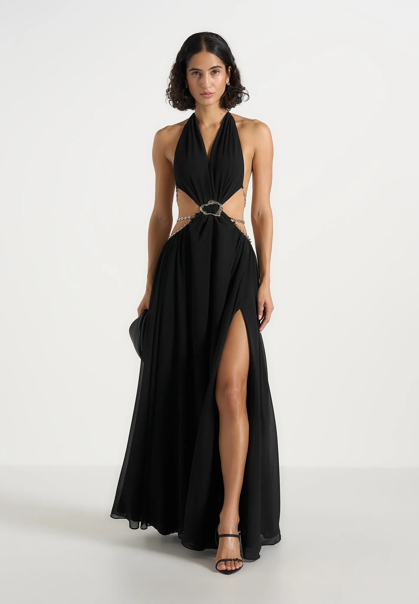 June - Chain Belt Cut-Out Georgette Halter Maxi Dress - Black sold by Maniere De Voir