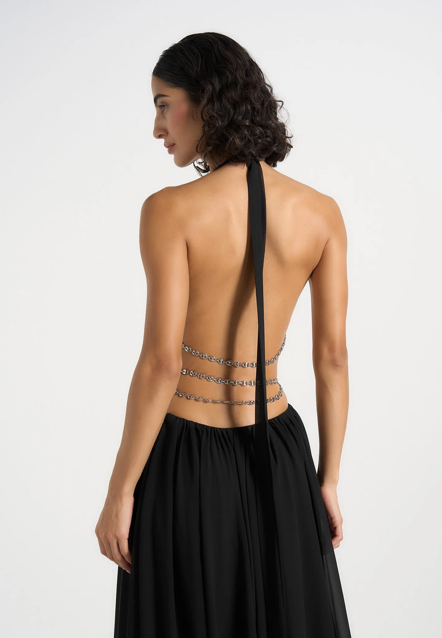 June - Chain Belt Cut-Out Georgette Halter Maxi Dress - Black sold by Maniere De Voir product image thumbnail 2