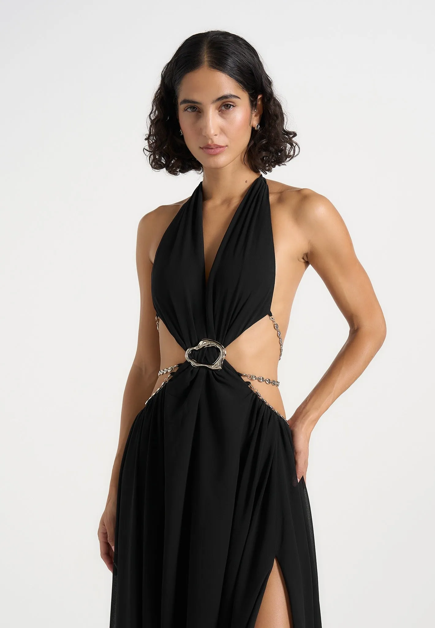 June - Chain Belt Cut-Out Georgette Halter Maxi Dress - Black sold by Maniere De Voir product image thumbnail 3