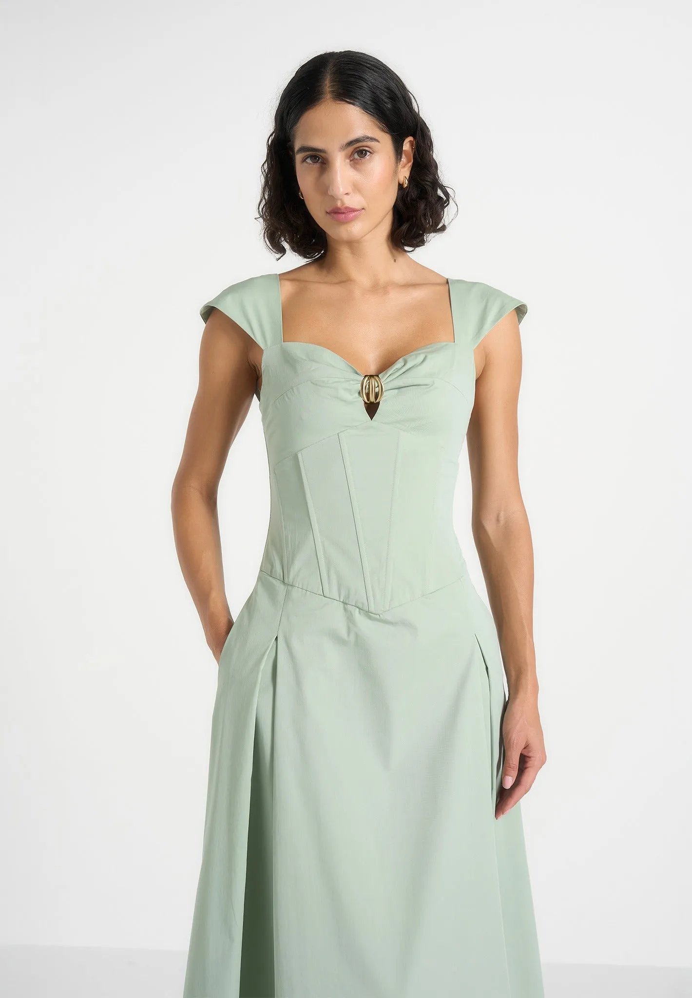 Faith - Cap Sleeve Corset Cotton Midi Dress - Sage sold by Maniere De Voir product image thumbnail 2