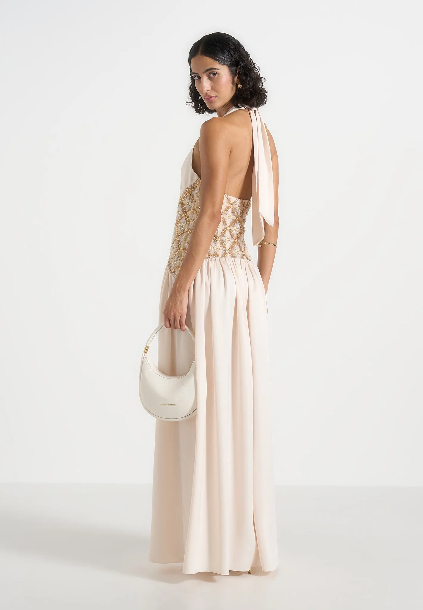 Ava - Halterneck Embellished Corset Gathered Maxi Dress - Cream sold by Maniere De Voir product image thumbnail 5