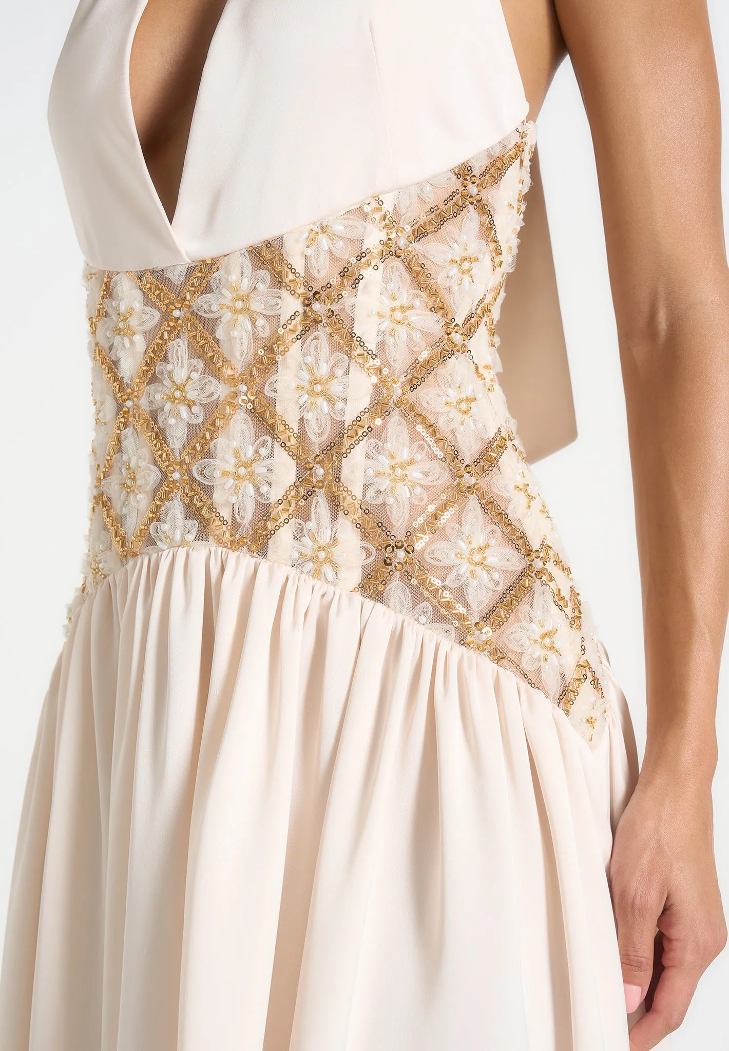 Ava - Halterneck Embellished Corset Gathered Maxi Dress - Cream sold by Maniere De Voir product image thumbnail 2