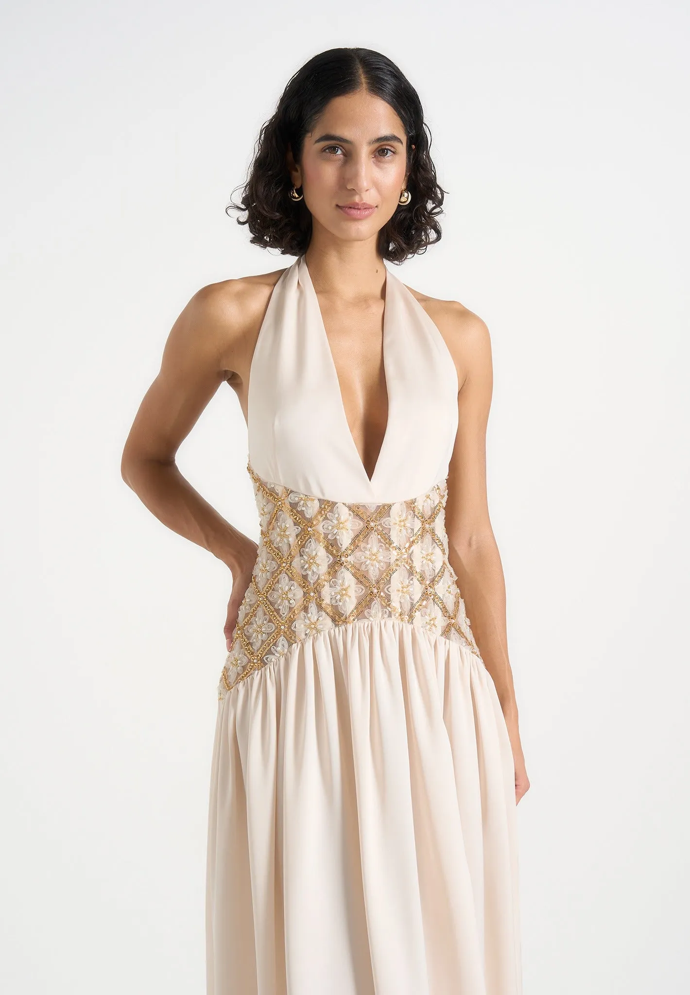 Ava - Halterneck Embellished Corset Gathered Maxi Dress - Cream sold by Maniere De Voir product image thumbnail 4