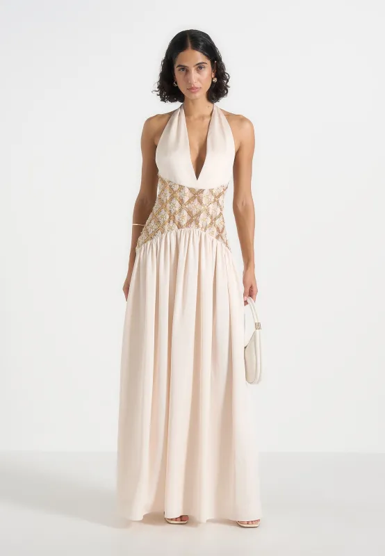 Ava - Halterneck Embellished Corset Gathered Maxi Dress - Cream made by Maniere De Voir