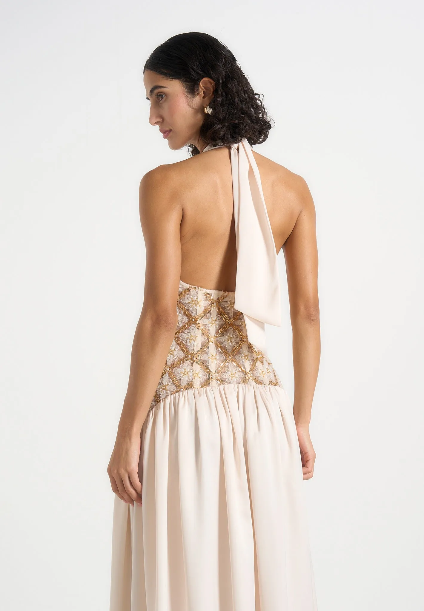 Ava - Halterneck Embellished Corset Gathered Maxi Dress - Cream sold by Maniere De Voir product image thumbnail 3