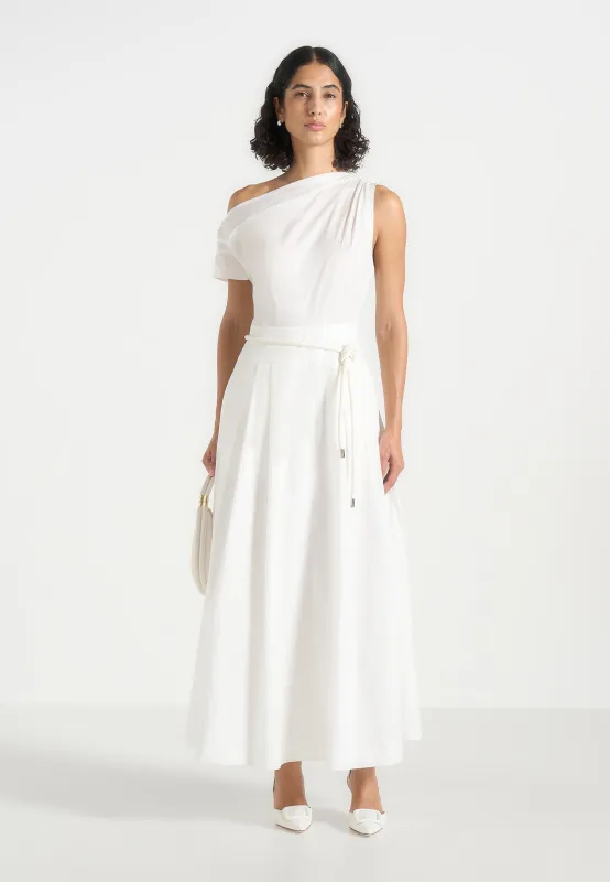 Yara - Asym Tie-Waist Cotton Midi Dress - White made by Maniere De Voir