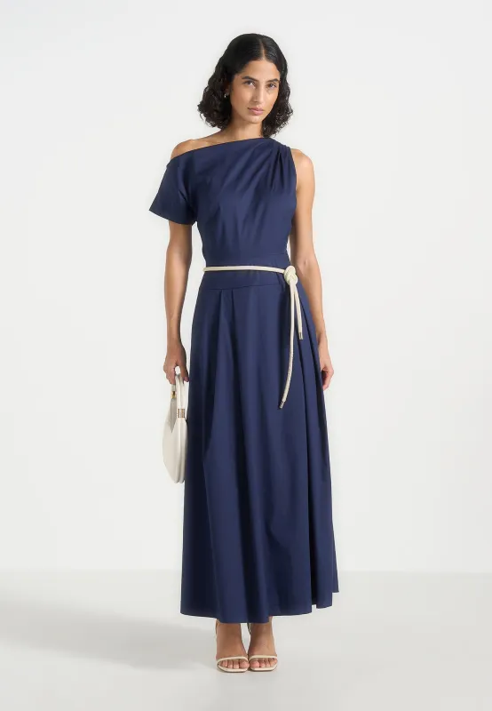 Yara - Asym Tie-Waist Cotton Midi Dress - Navy made by Maniere De Voir