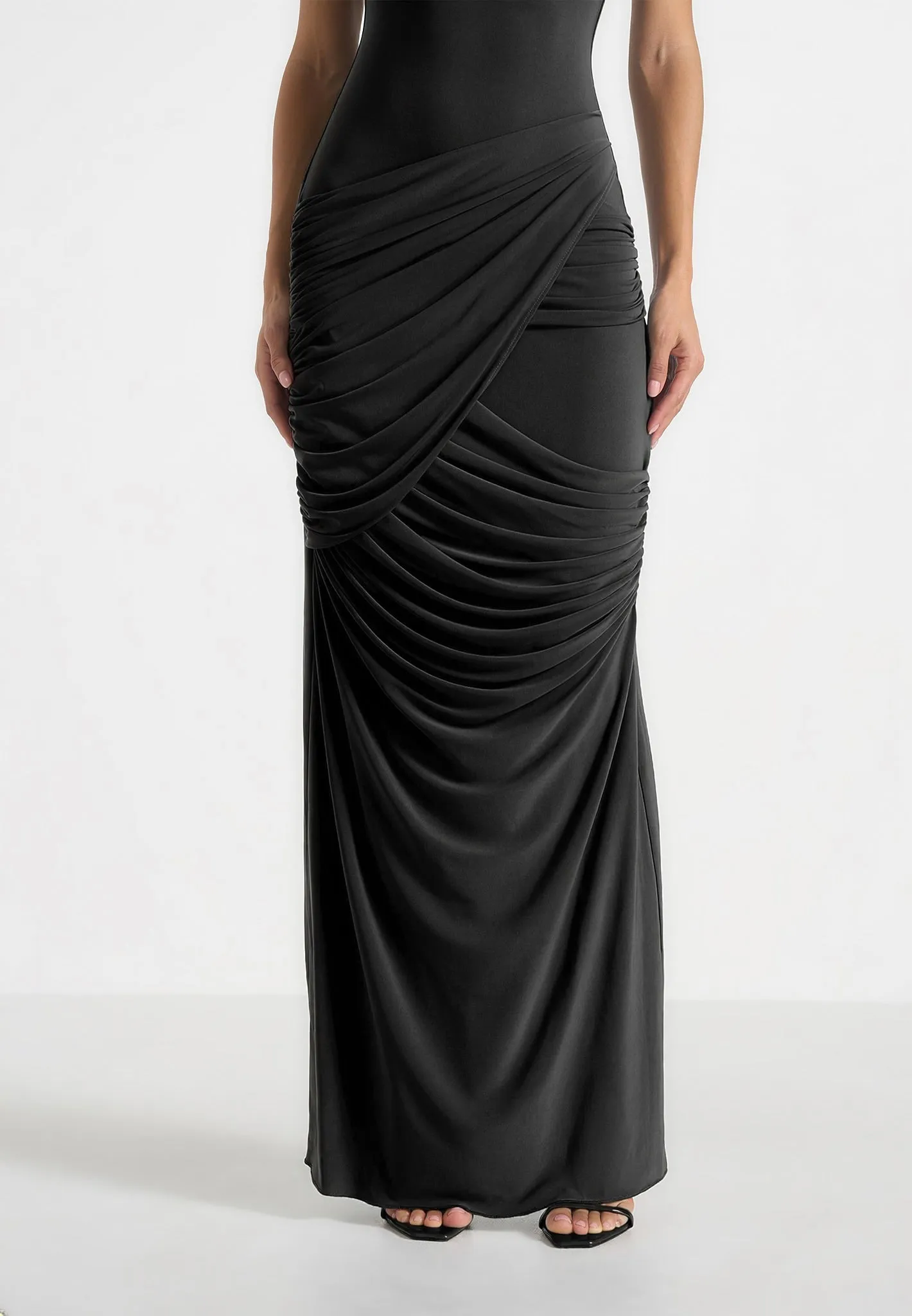 Bridget - V Neck Asym Ruched Maxi Dress - Black sold by Maniere De Voir product image thumbnail 4