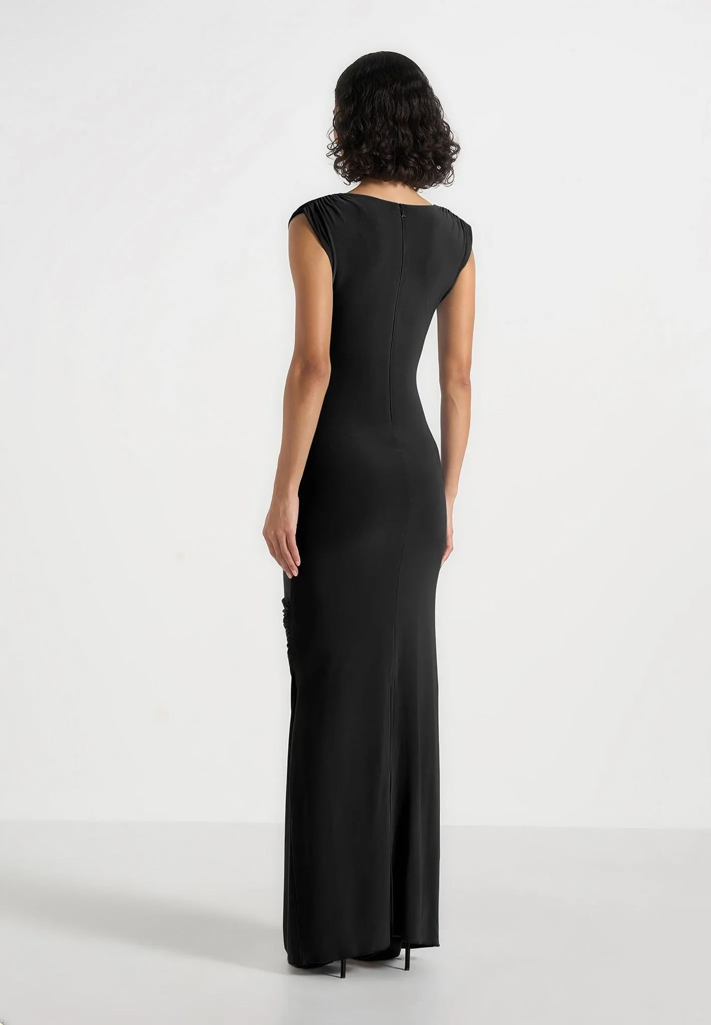 Bridget - V Neck Asym Ruched Maxi Dress - Black sold by Maniere De Voir product image thumbnail 2