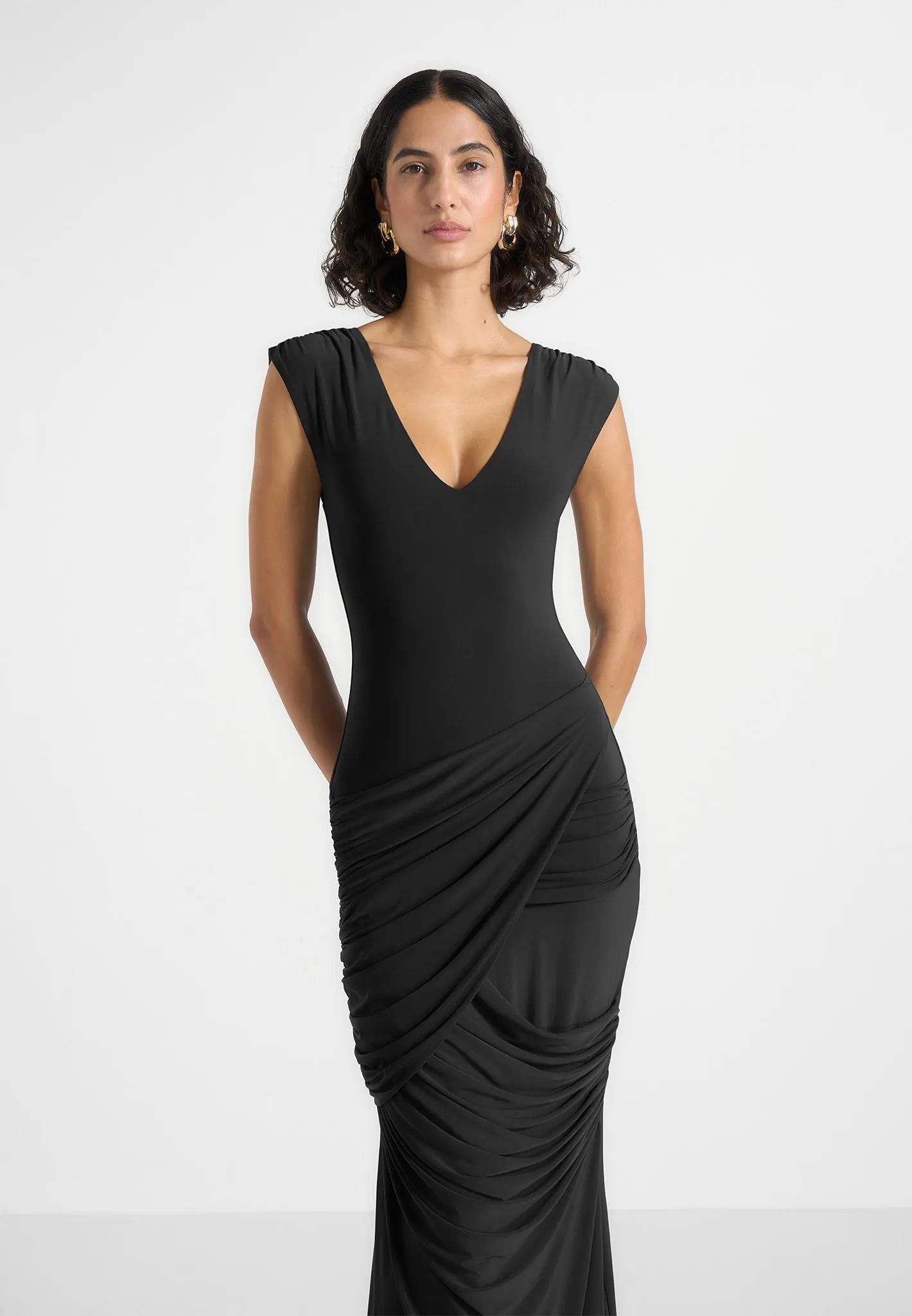 Bridget - V Neck Asym Ruched Maxi Dress - Black sold by Maniere De Voir product image thumbnail 3