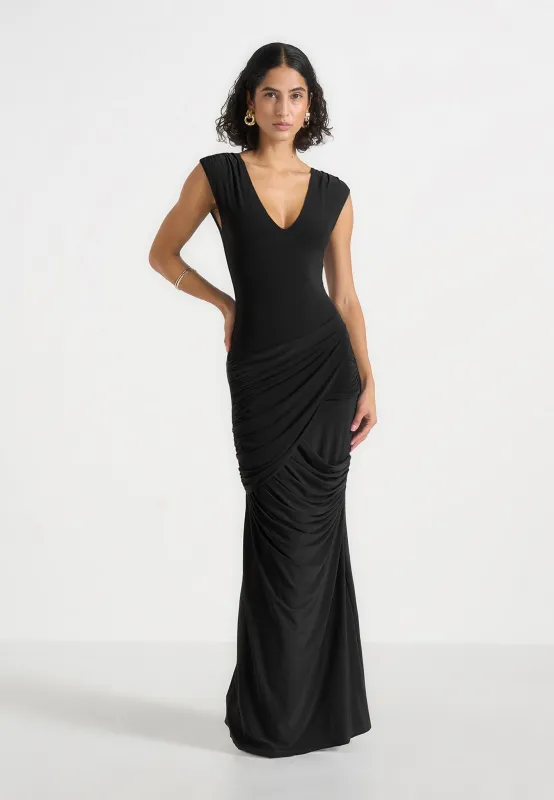 Bridget - V Neck Asym Ruched Maxi Dress - Black made by Maniere De Voir
