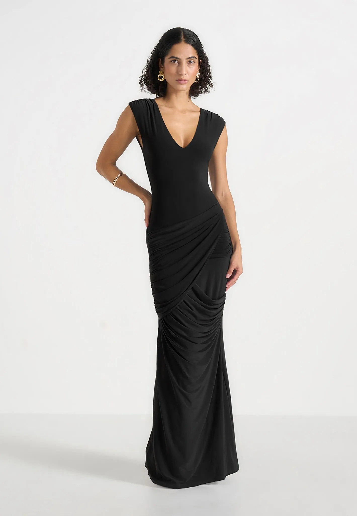 Bridget - V Neck Asym Ruched Maxi Dress - Black sold by Maniere De Voir