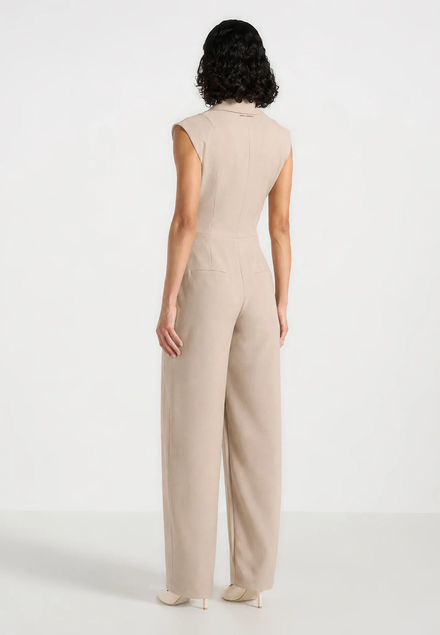 Kira - Tie-Waist Barrel Leg Tailored Jumpsuit - Beige sold by Maniere De Voir product image thumbnail 4