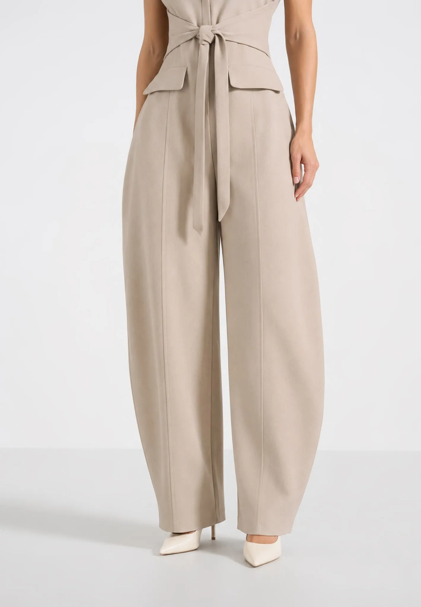 Kira - Tie-Waist Barrel Leg Tailored Jumpsuit - Beige sold by Maniere De Voir product image thumbnail 2
