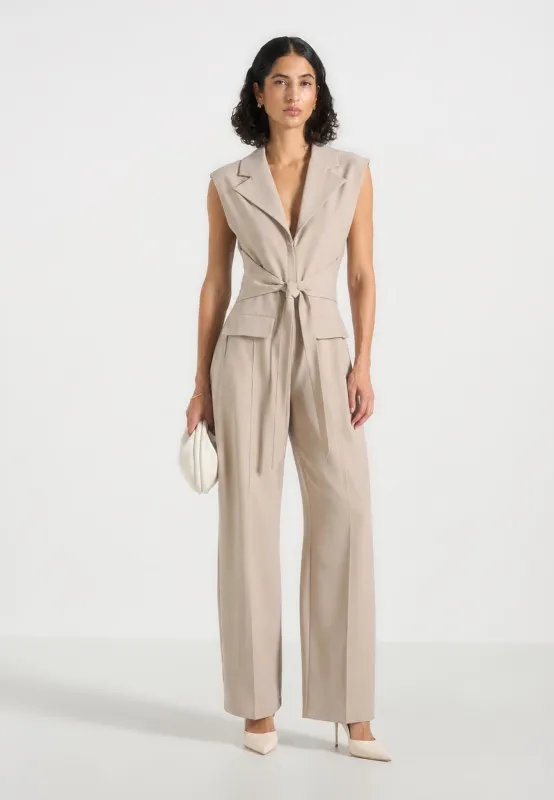 Kira - Tie-Waist Barrel Leg Tailored Jumpsuit - Beige made by Maniere De Voir