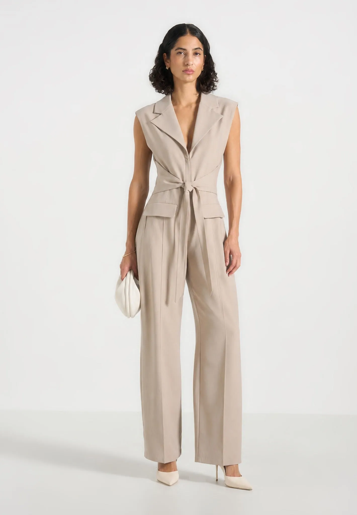 Kira - Tie-Waist Barrel Leg Tailored Jumpsuit - Beige sold by Maniere De Voir