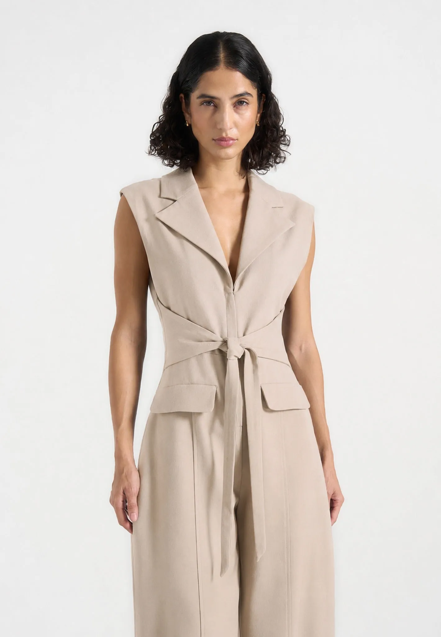 Kira - Tie-Waist Barrel Leg Tailored Jumpsuit - Beige sold by Maniere De Voir product image thumbnail 3