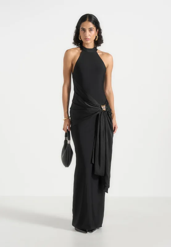 Willow - Halter Neck Clasp Detail Satin Sash Maxi Dress - Black made by Maniere De Voir