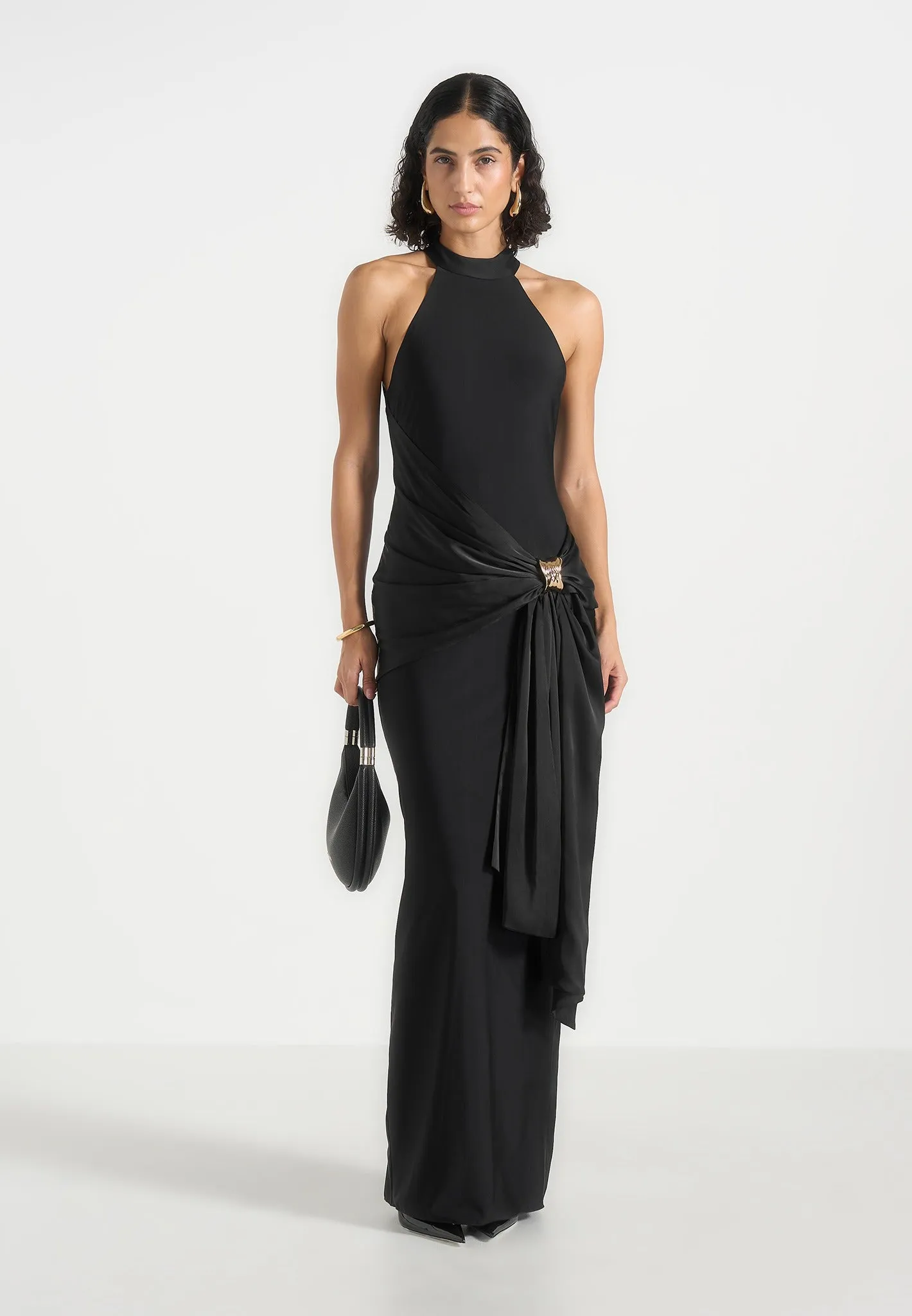 Willow - Halter Neck Clasp Detail Satin Sash Maxi Dress - Black sold by Maniere De Voir